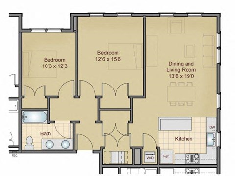 Floor plan for 2 beds, 1 bath, 972 sqft